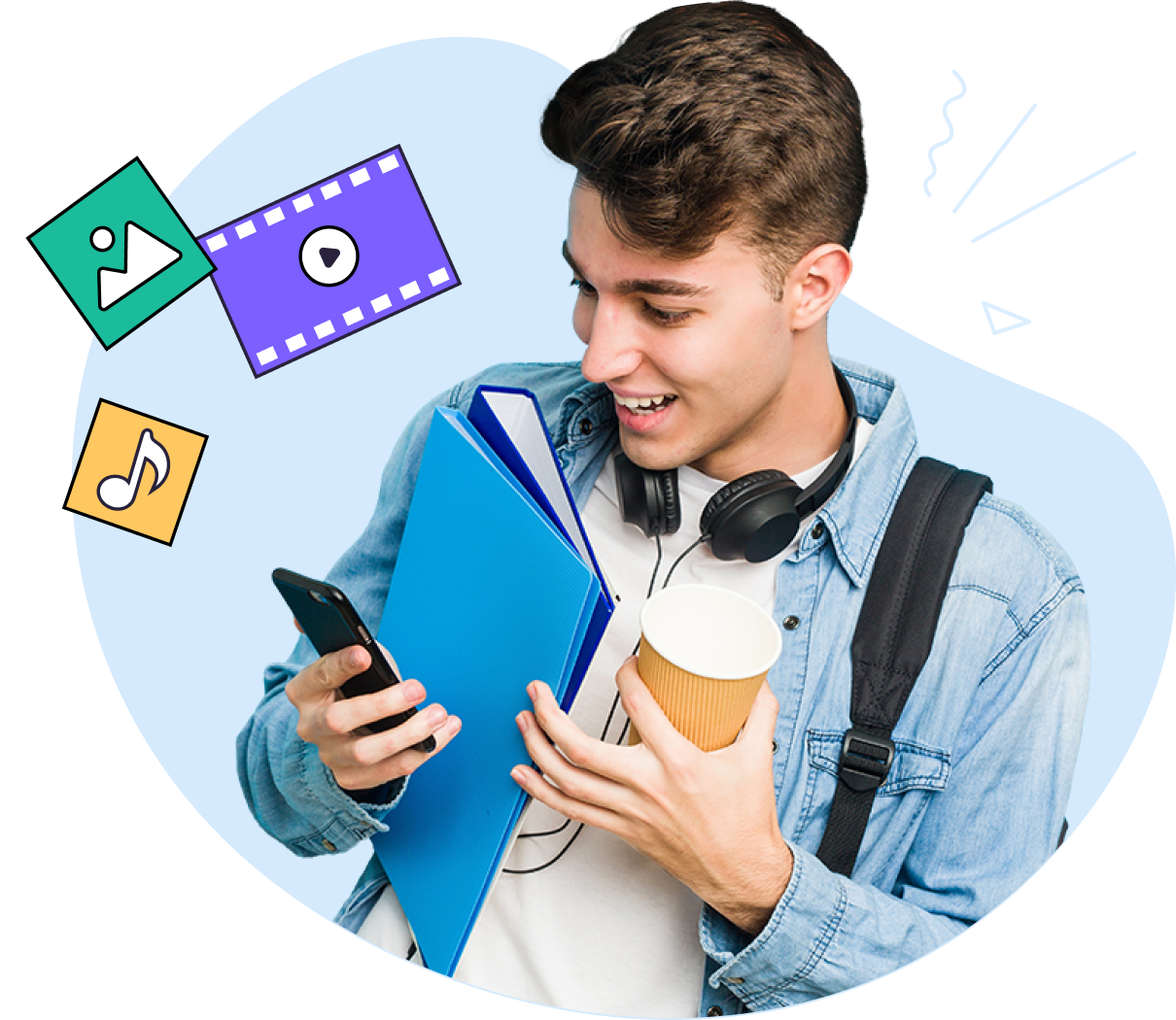 Young man with a backpack, headphones, and a cup looking at his phone on a blue background