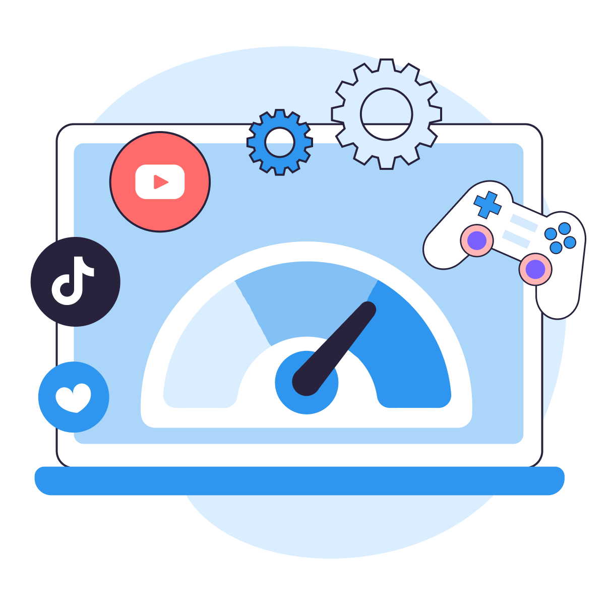 Laptop with a speedometer surrounded by YouTube, TikTok, and gaming icons