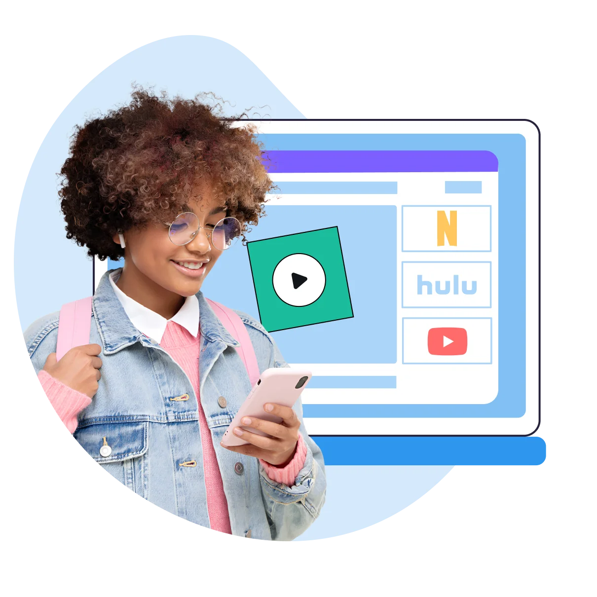 Student with headphones looking at a phone beside a browser window showing Netflix, Hulu, and YouTube