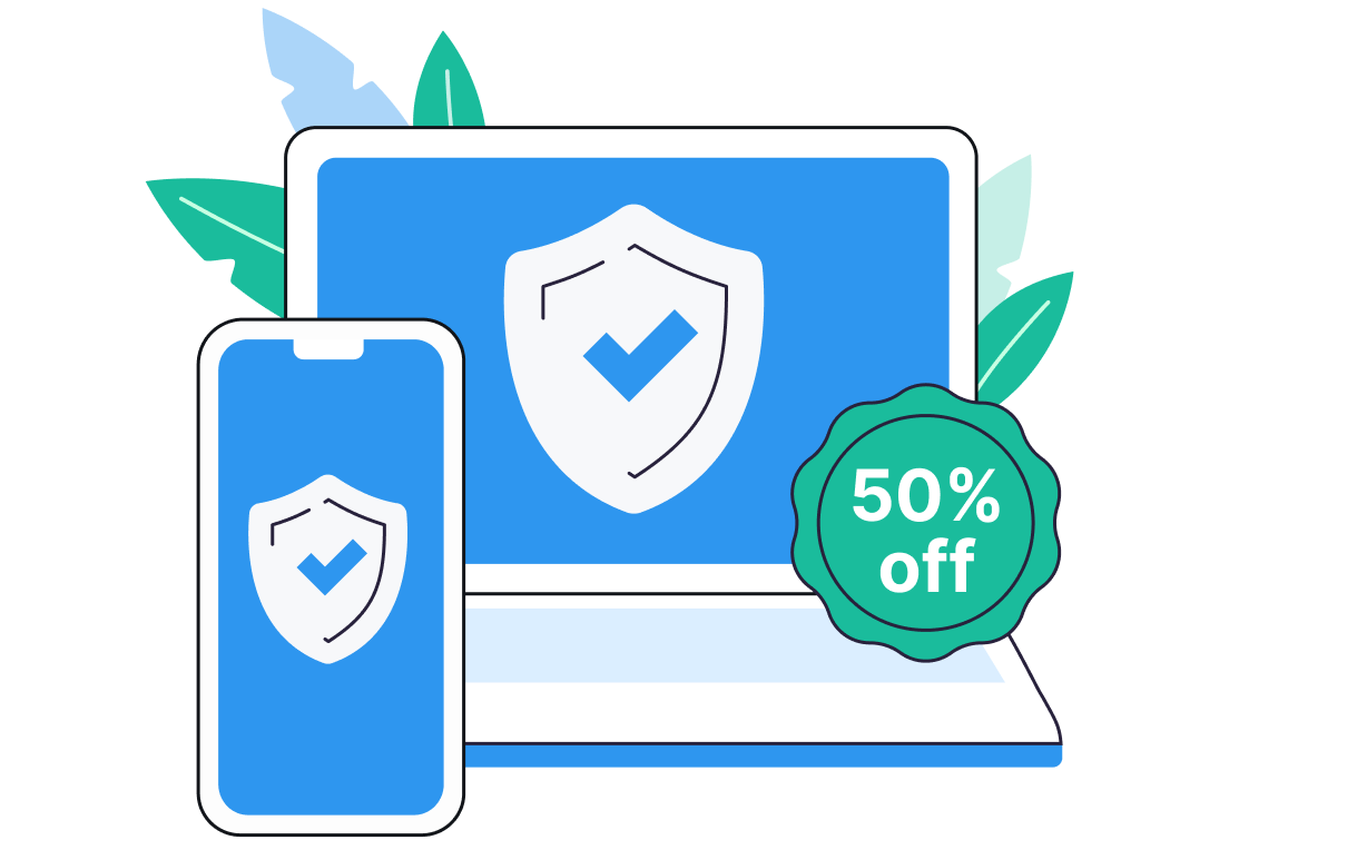 Laptop and phone with security shields and a 50% off badge