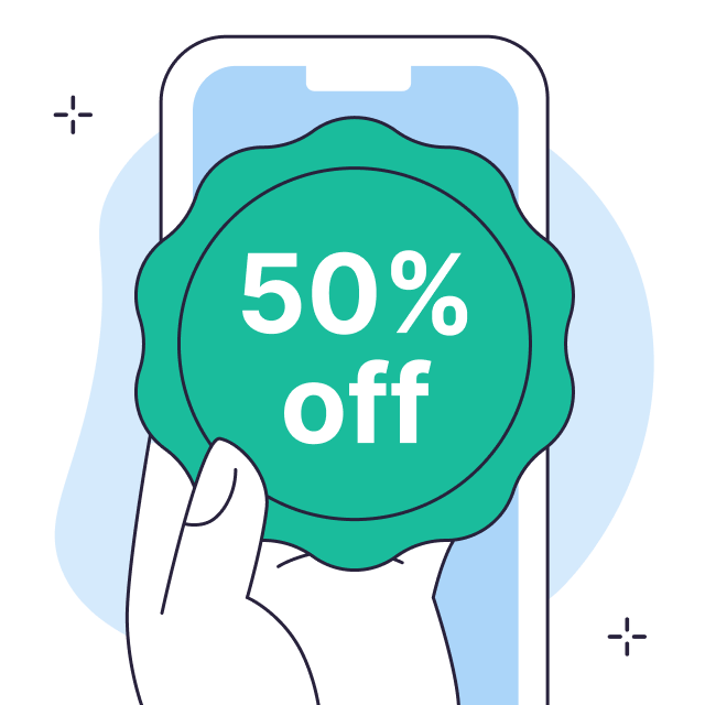 Hand holding a phone with a 50% off badge