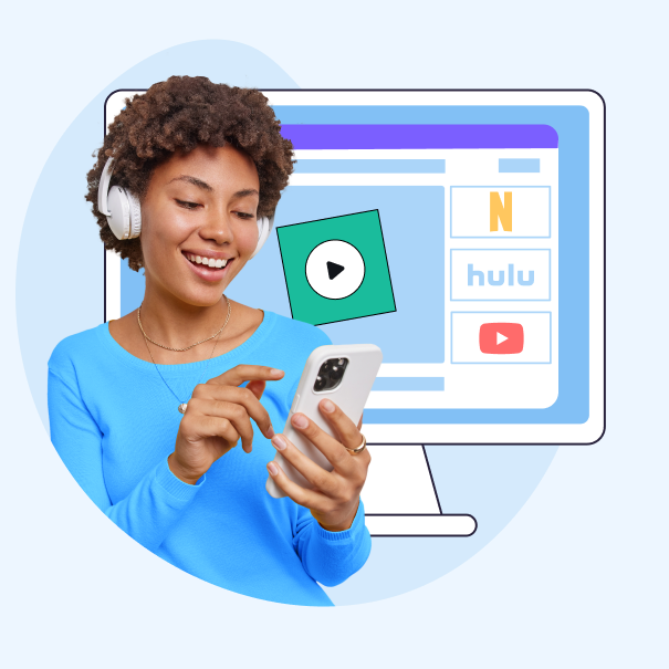 Streaming services illustration with Netflix, Disney+, YouTube, and Hulu logos on a TV
