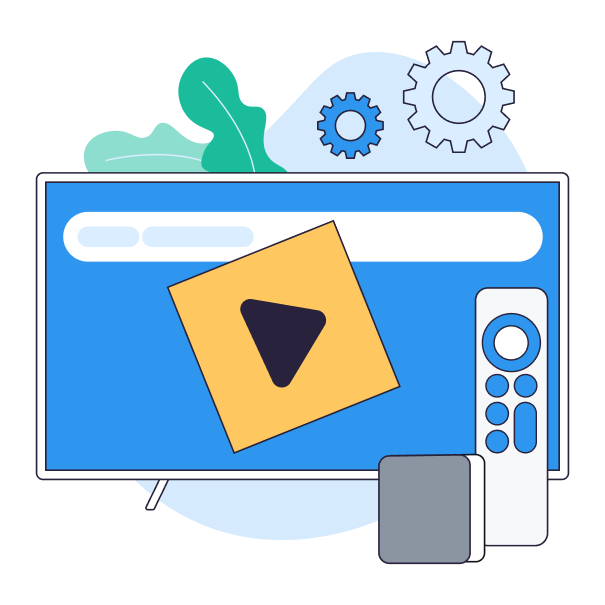 Illustration showing a TV with a connected remote, gear icons, and decorative shapes representing how a VPN works on a TV