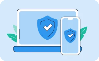 Laptop and smartphone displaying blue shields with white check marks symbolizing security.