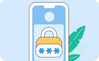 Smartphone screen with a padlock showing password protection and green leaves behind it.