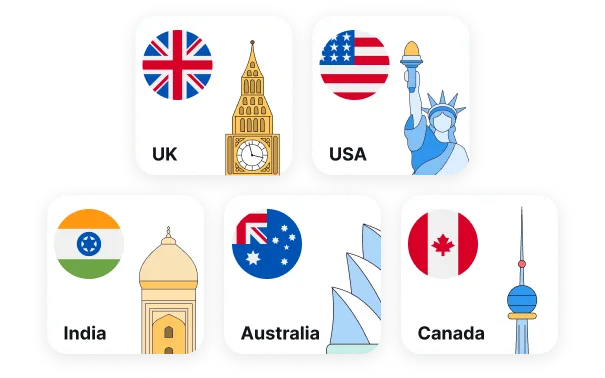 Icons of UK Big Ben, USA Statue of Liberty, India Taj Mahal, Australia Opera House, and Canada CN Tower with country flags.