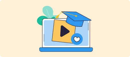 Laptop with play button and heart icon on screen, topped with a graduation cap and decorative leaves.