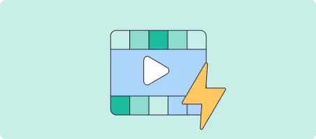 Video player icon with a play button and a yellow lightning bolt on a light blue background.
