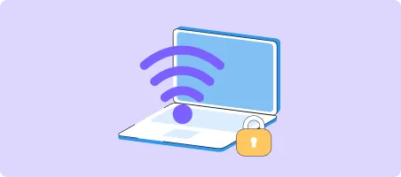 Laptop showing a Wi-Fi symbol with a padlock, indicating secure wireless connection.