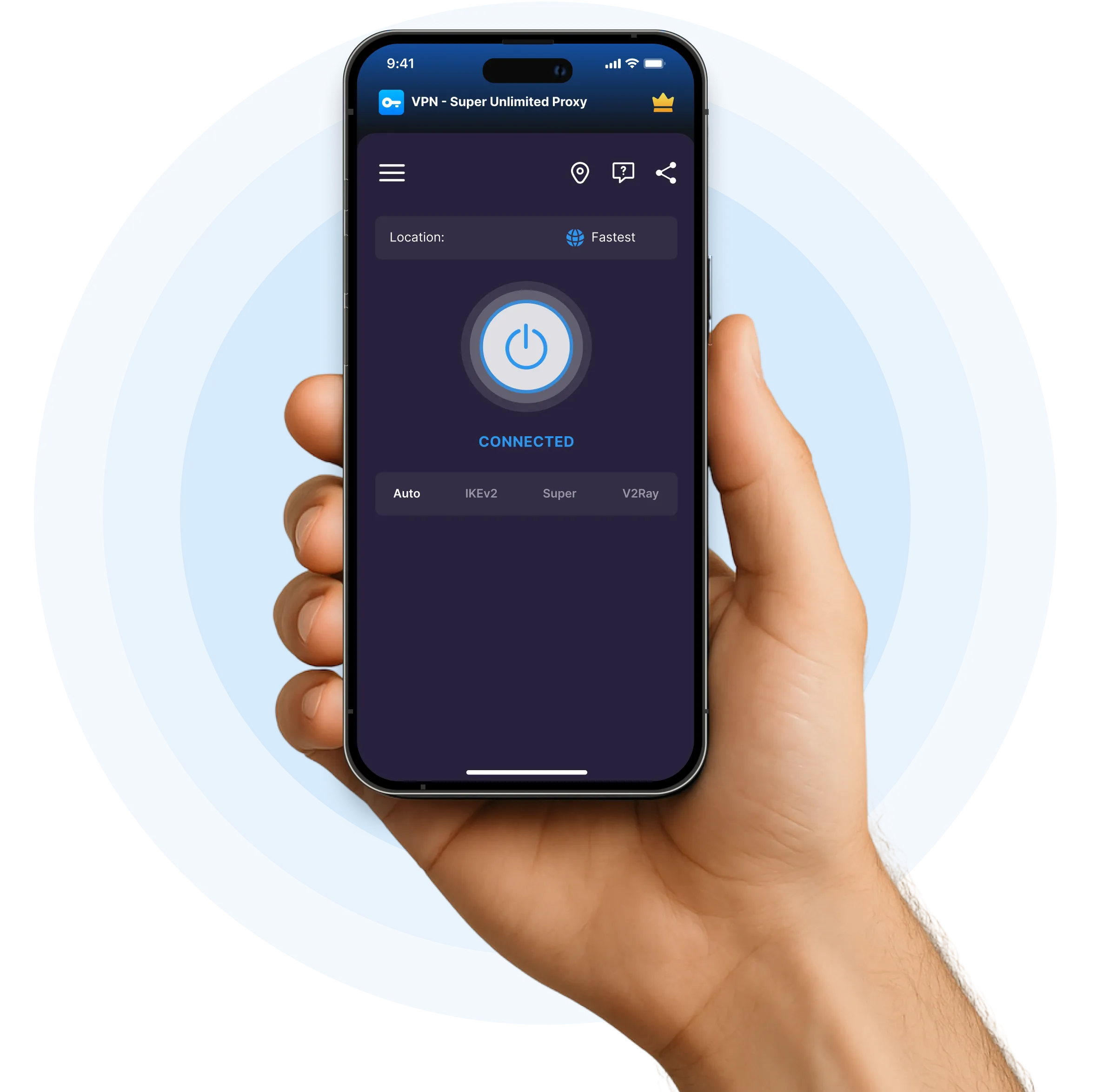 Hand holding smartphone showing VPN app connected to the fastest location with protocol options.
