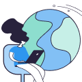Person sitting and using a tablet with a large globe behind them.