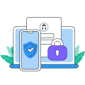 Laptop, smartphone with shield icon, and documents with padlock symbolizing data security and protection.