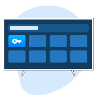 Smart TV interface showing app icons with a highlighted key symbol on a blue tile.