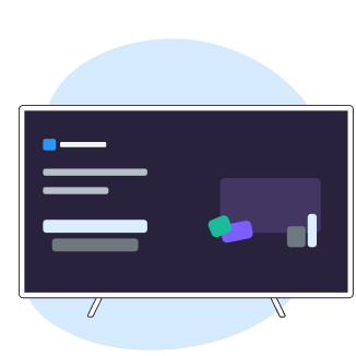 Dark interface panel with lines and blocks of text and shapes on a light blue abstract background.