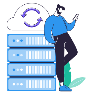 Person leaning on servers with cloud sync symbol overhead, representing cloud data backup.