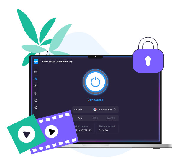 Apple TV showing VPN Super interface, with Siri Remote, plant, padlock, and film slate