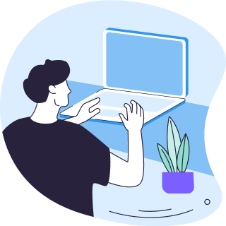 Illustration of a person working on a laptop with a potted plant nearby on the desk.