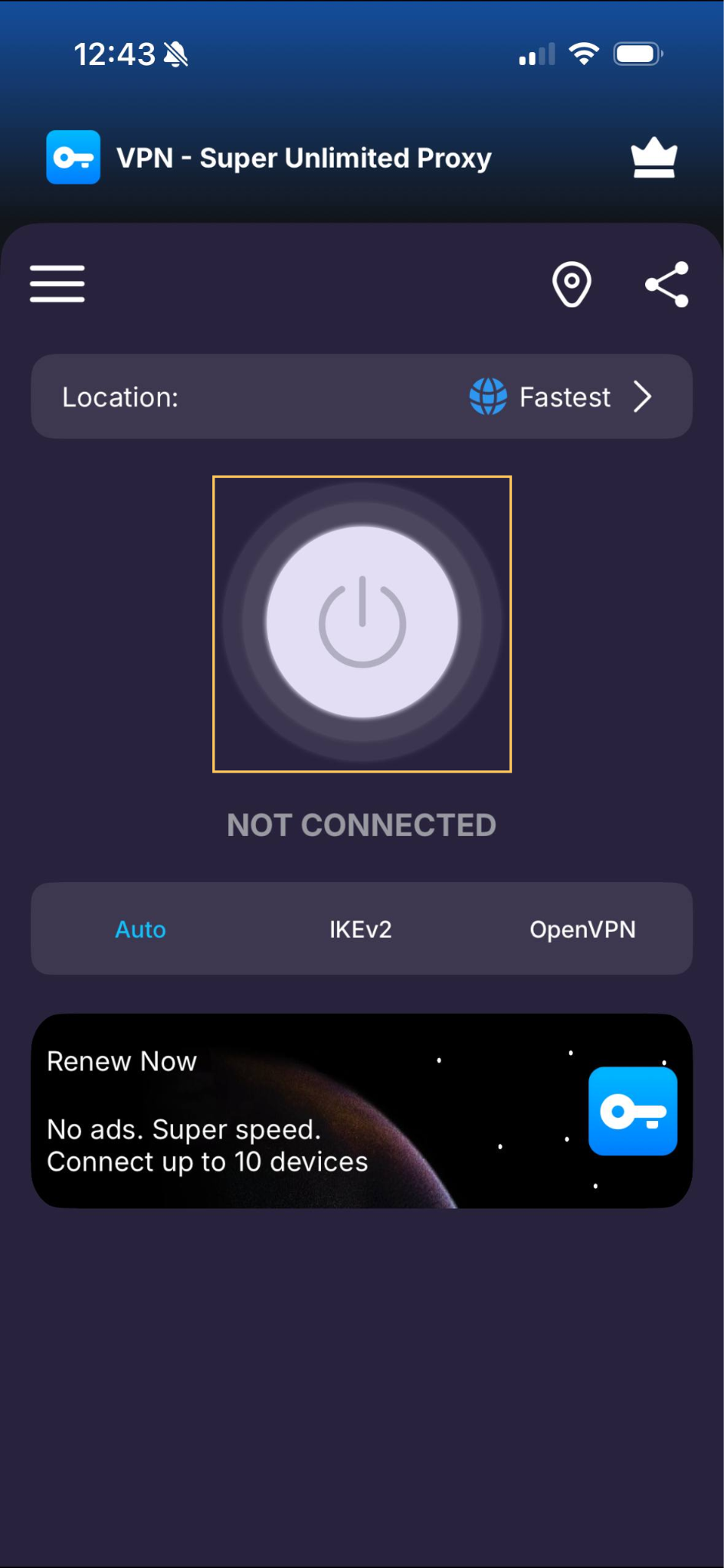 VPN Super home screen showing location set to Fastest