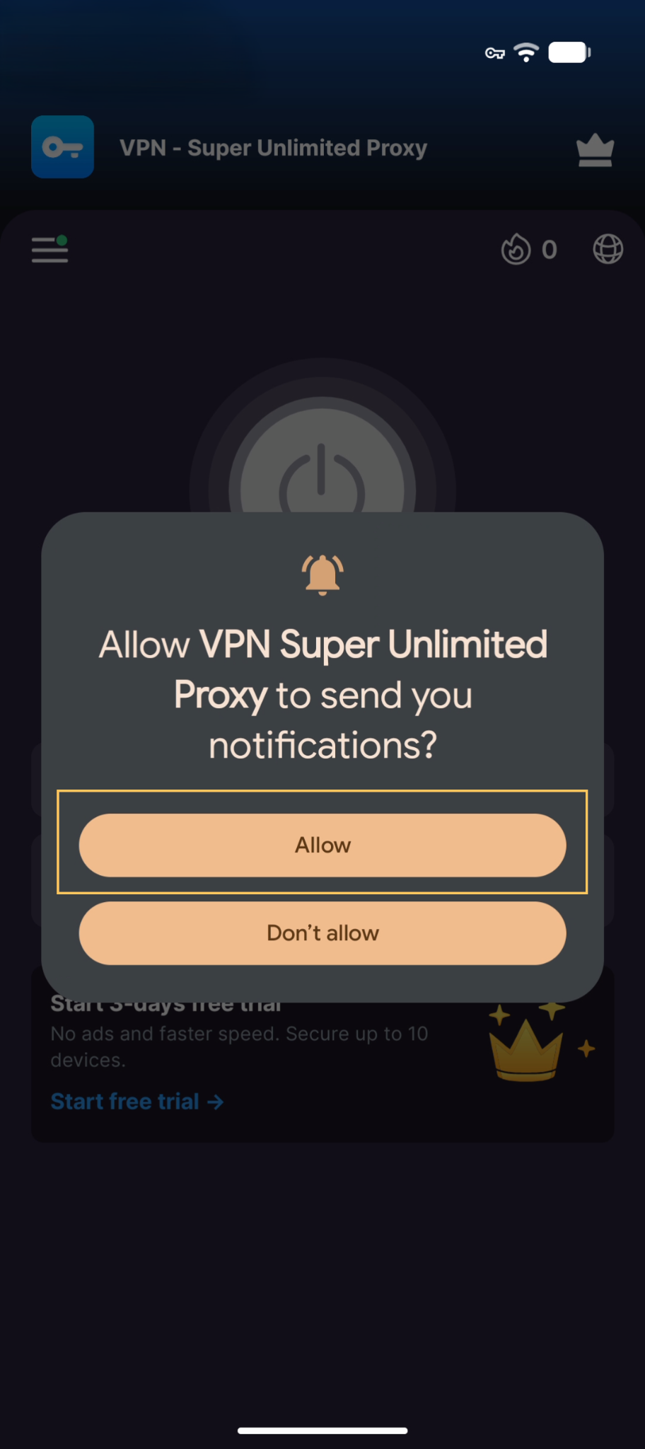 Notification permission prompt for VPN Super on Android