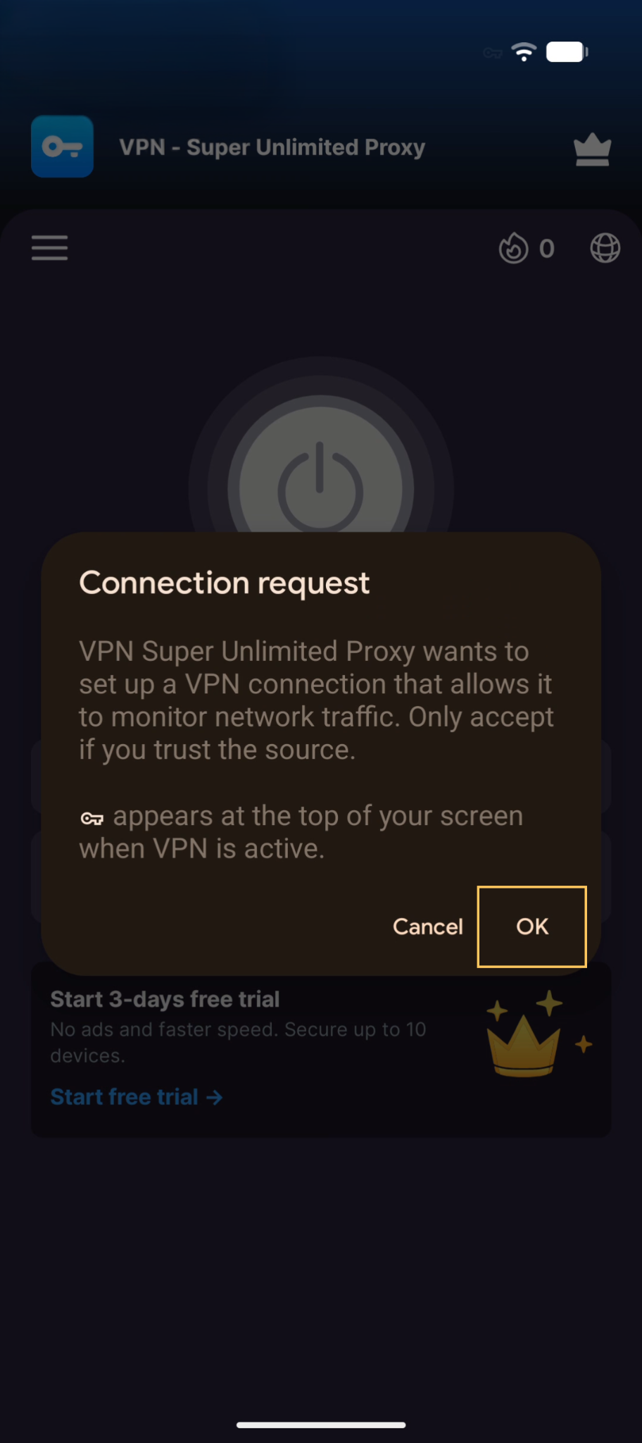 VPN connection request dialog on Android