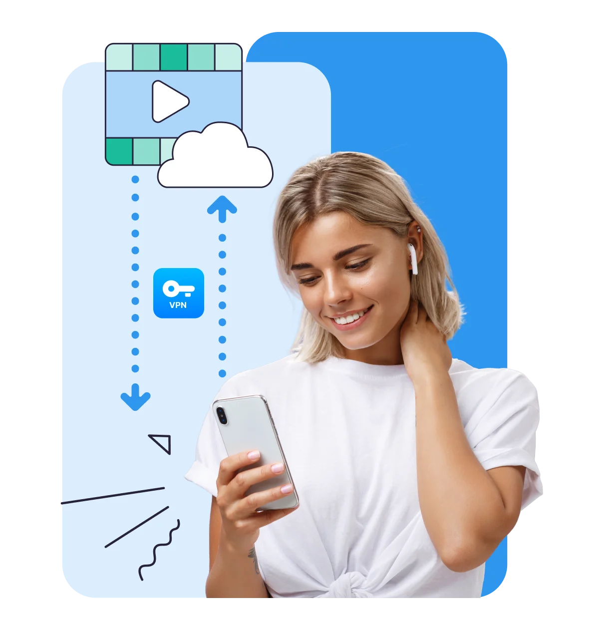 Illustration of VPN Super running on an Android device with gear icons and decorative shapes.