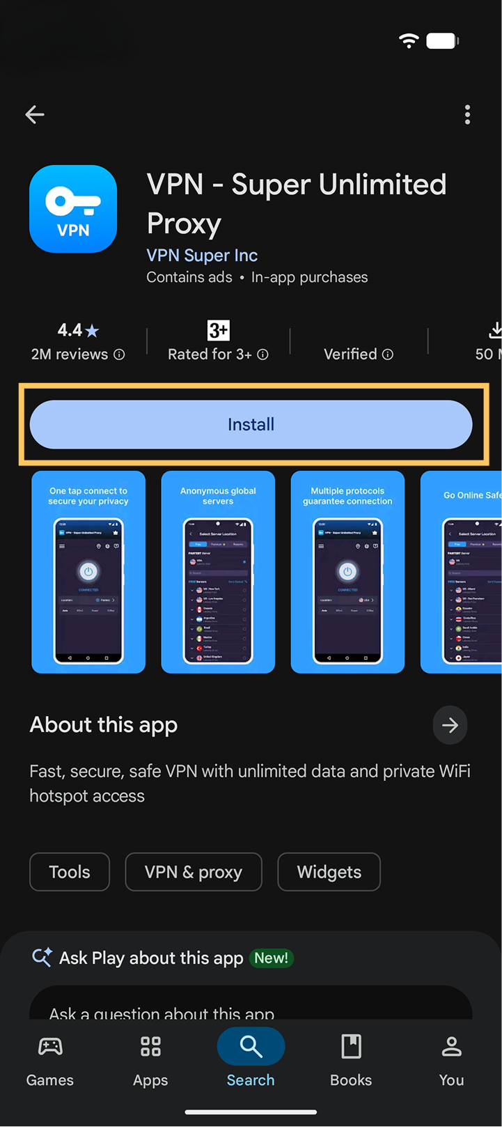 VPN - Super Unlimited Proxy in the Google Play Store with the Install button highlighted