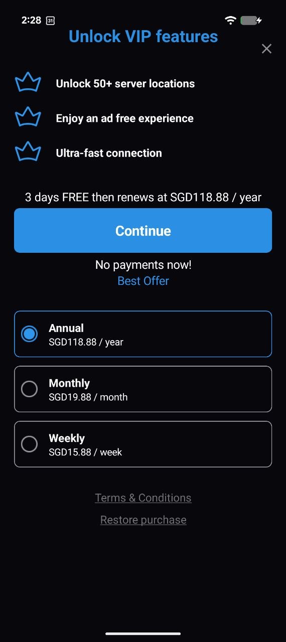 VPN Super plan picker screen showing Annual, Monthly, and Weekly options