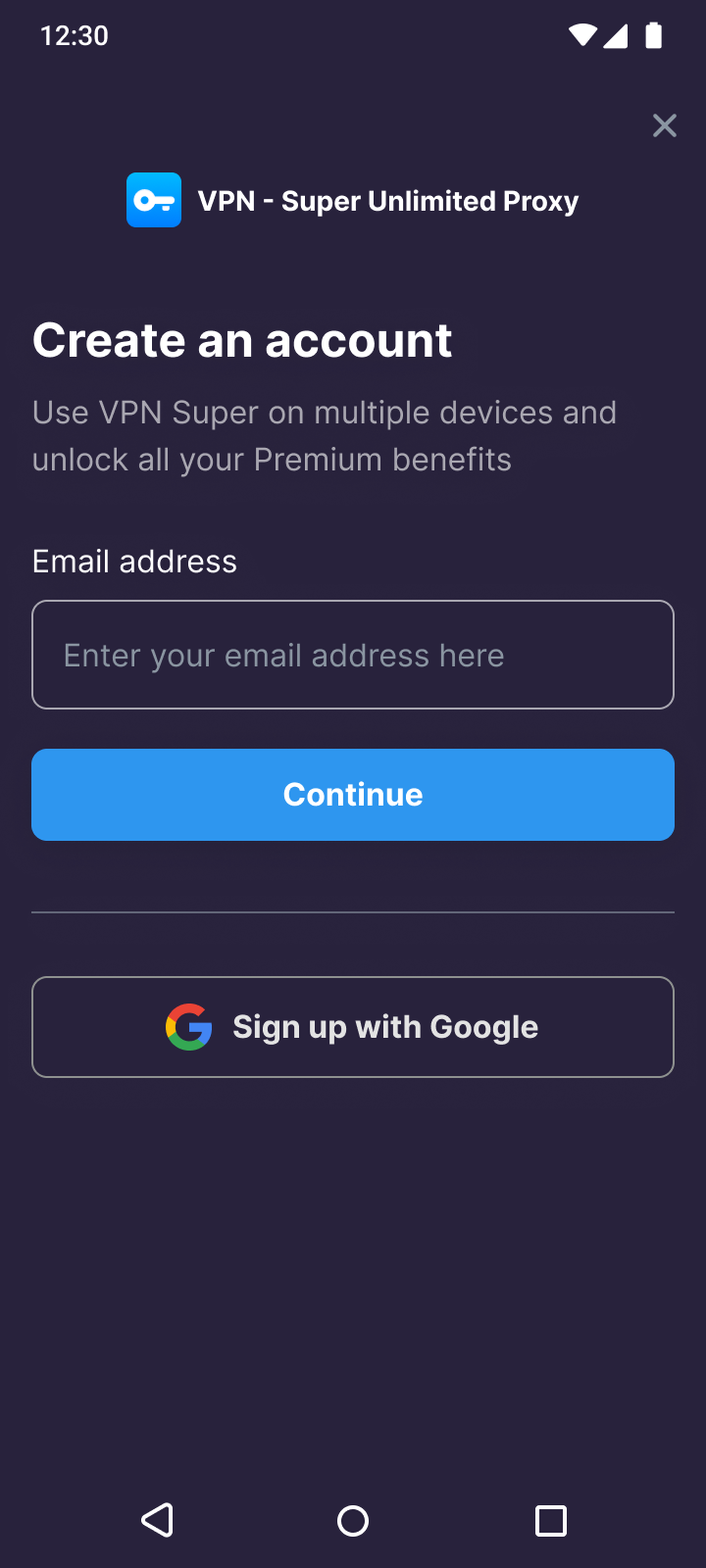 Create an account screen in VPN Super with email and Google sign-up options