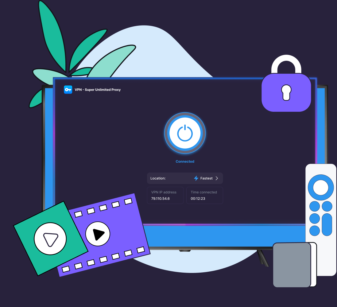 Android TV showing the VPN Super app connected, with a remote, film reels, a padlock, and a plant