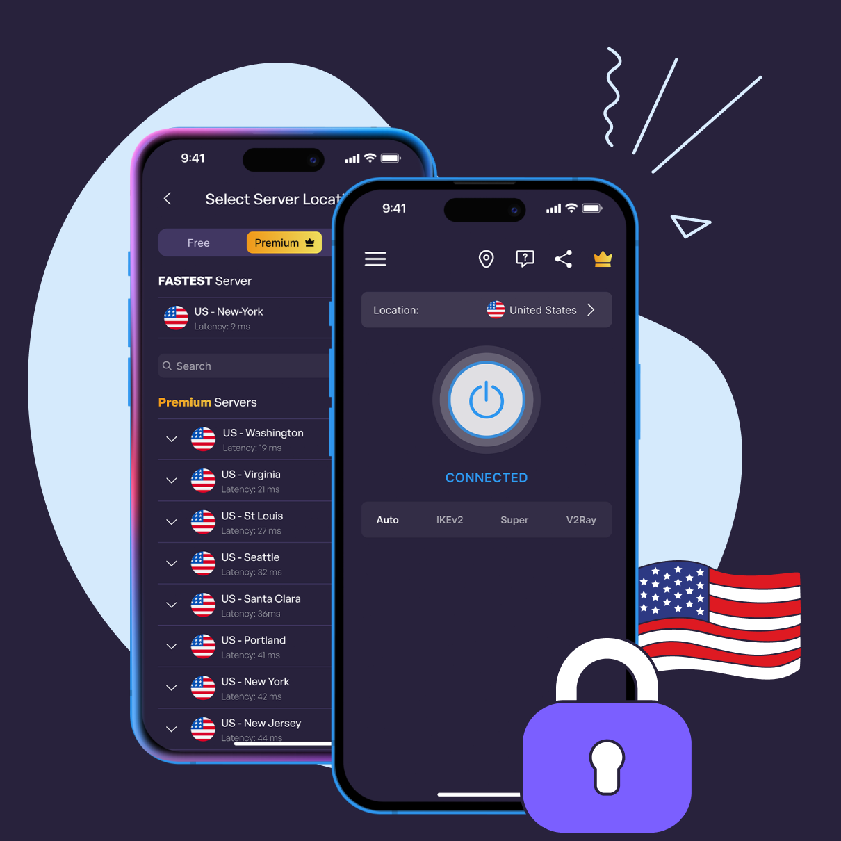 VPN Super app connected to a US server, with a US flag and a secure padlock